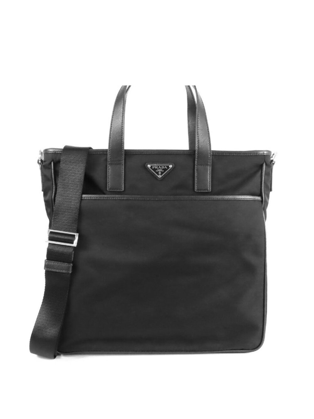 Prada Tote Black Tessuto Leather 2-Way Shoulder Bag Metal Logo